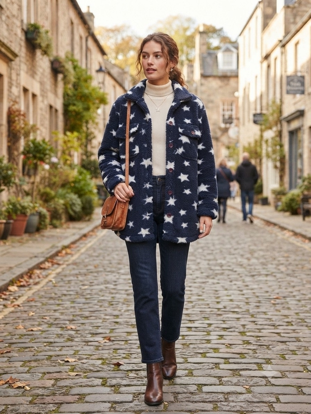 Star Print Navy Sherpa Jacket - Women's Cozy Teddy Coat